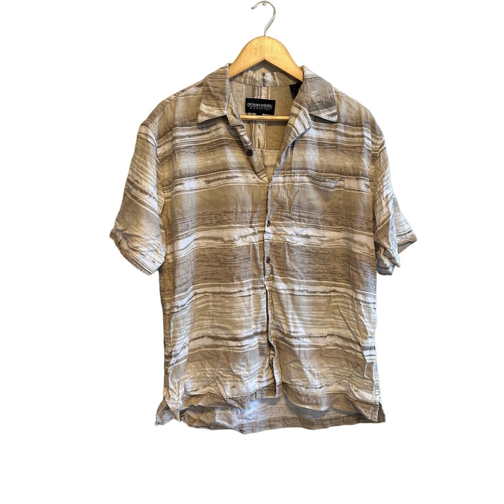OP Ocean Pacific Tan Striped Button Down Surf Shirt Size Large